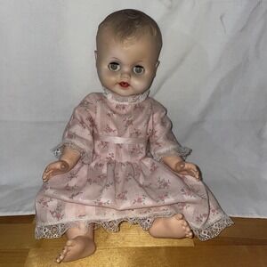 Vintage Drink & Wet Sleepy Blinking Doll Molded Brown Hair Green Eyes Dress